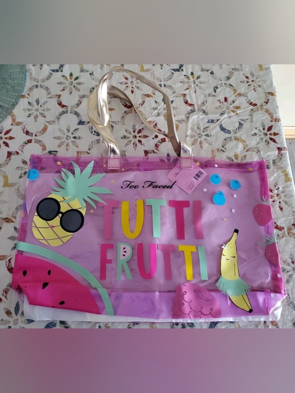 Too Faced Vinyl  Clear Tote - Pink with Gold Handles Tutti Frutti New
